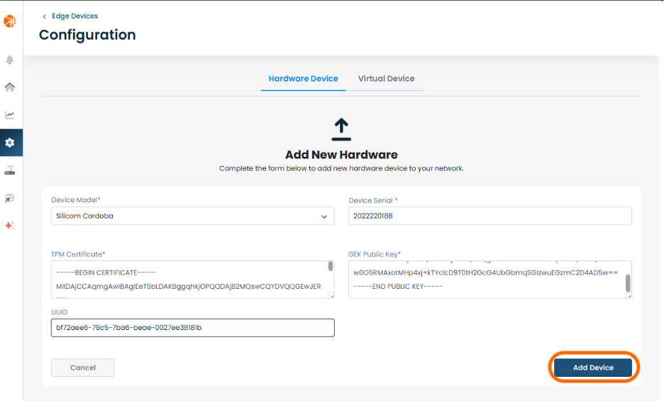 Form for adding a new hardware device with highlighted fields and instructions.